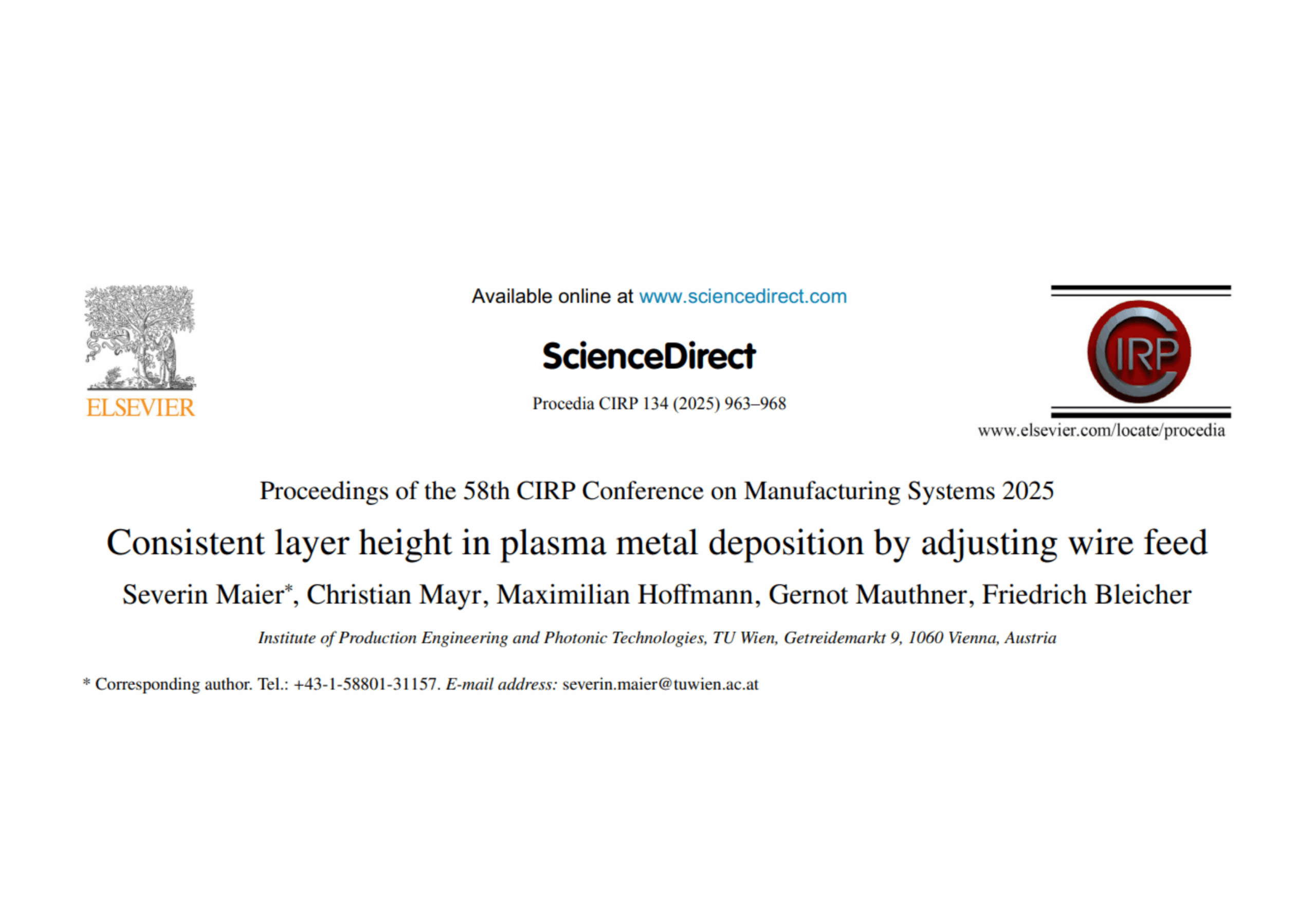 Titelseite einer wissenschaftlichen Veröffentlichung auf ScienceDirect mit dem Titel „Consistent layer height in plasma metal deposition by adjusting wire feed“, veröffentlicht im Rahmen der CIRP-Konferenz 2025.