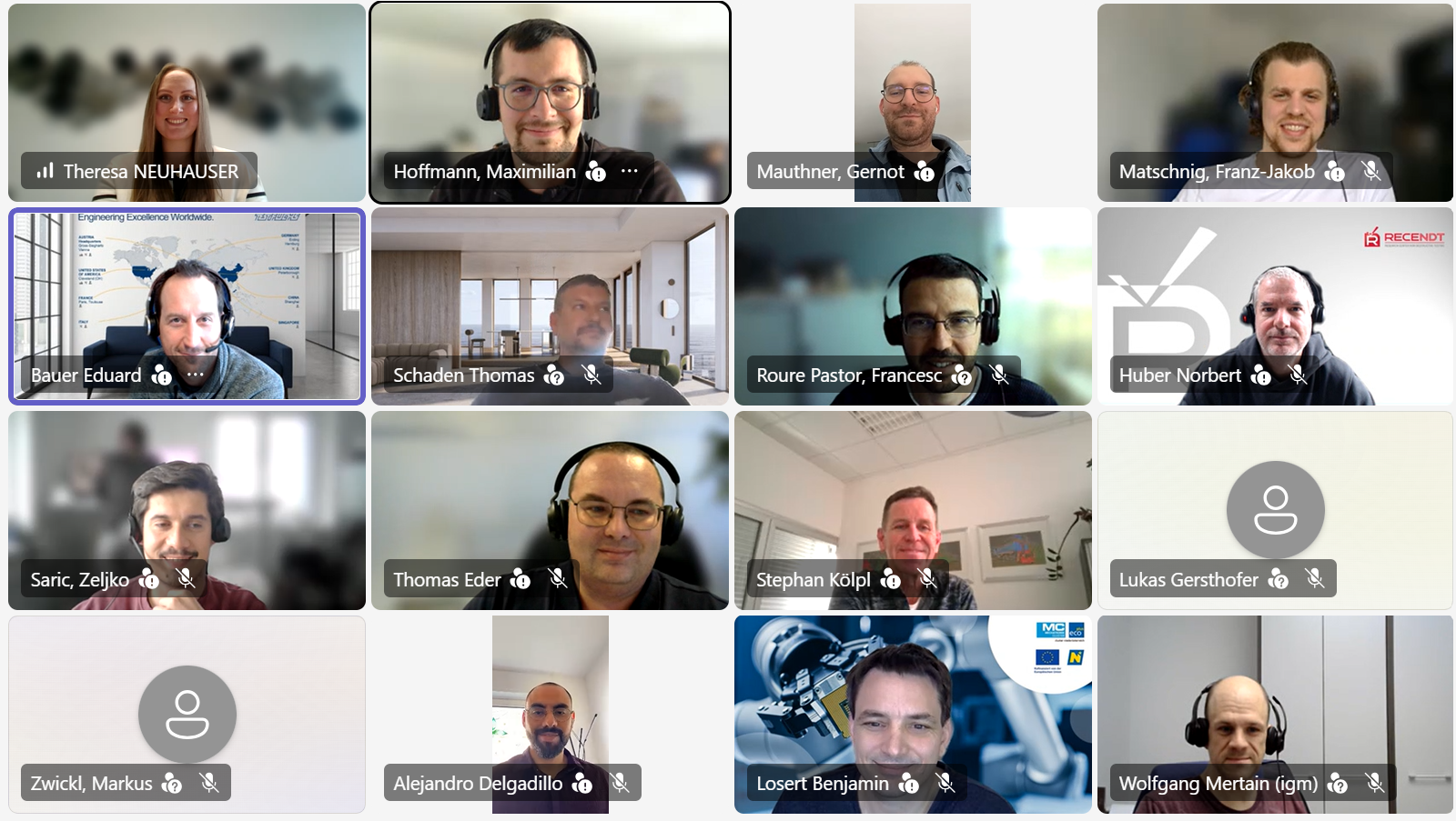 Screenshot of an online meeting with several participants from different project partner organizations in a video conference.